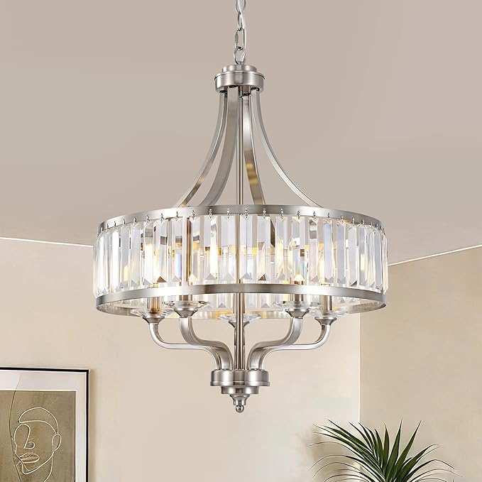 20" Brushed Nickel Crystal Chandelier,5-Light Modern Dining Room Light Fixture Over Table Adjustable Height Hanging Industrial Pendant Lights Kitchen Island,Living Room Kitchen Island Entryway