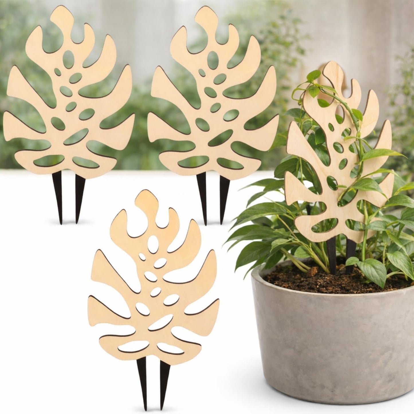 Junkin 3 Pcs 11.2 Inch Wooden Monstera Leaf Trellis, Indoor Climbing Plant Support for Potted Plants Pothos Ivy Hoya Vines, Small Garden Stake for Houseplants