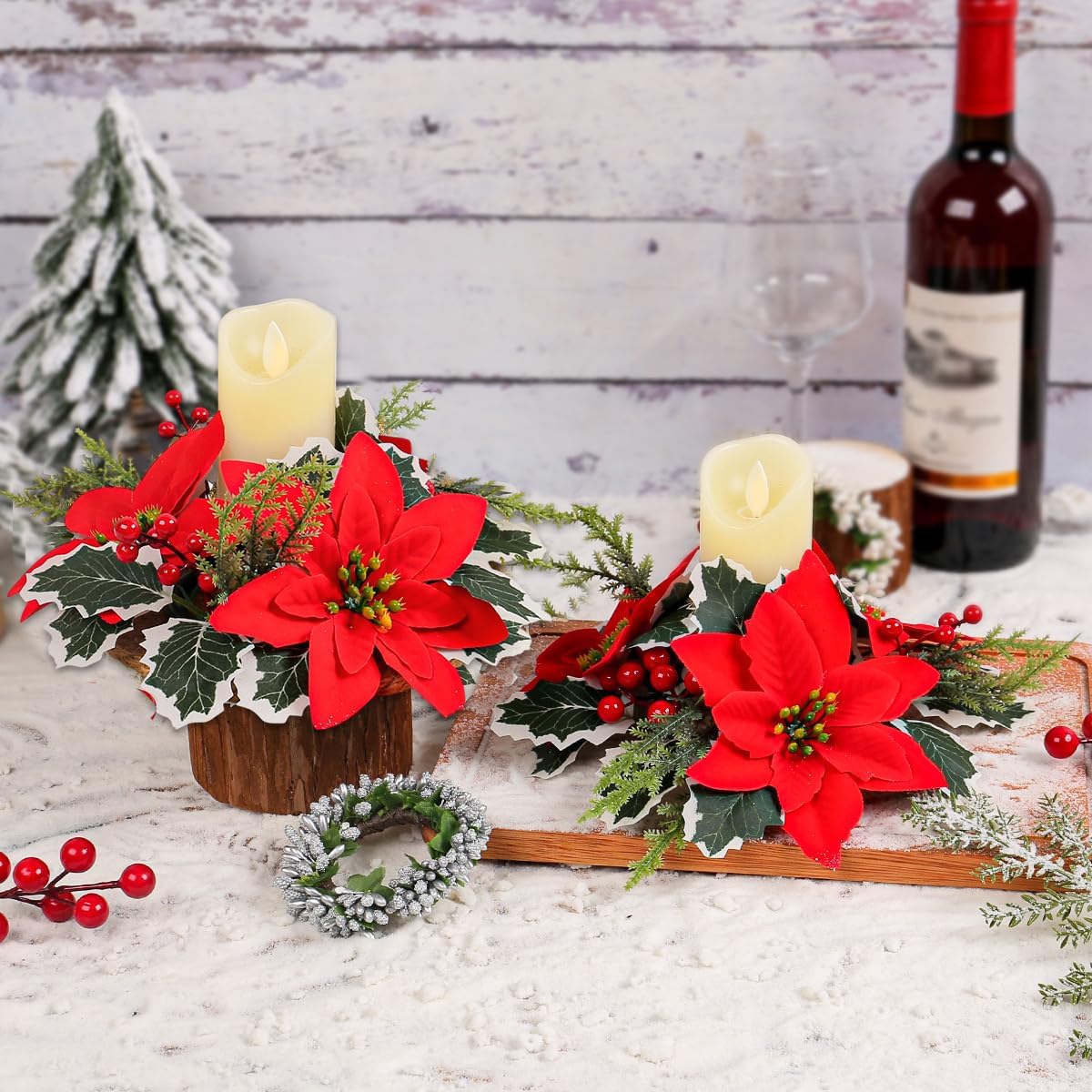 Regine Switzerland Christmas Candle Rings - Artificial Red Poinsettia & Pine Wreath Holders | Holiday Table Decor