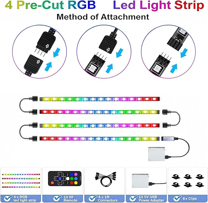 L8star Battery Powered Led Strip Lights 6.56ft, 4 Pre-Cut 1.64ft USB/Battery Operated RGB 60 LED Lights Color Changing 5050 LED Accent Kit with RF Remote, Connectors for TV, Home, DIY Decoration