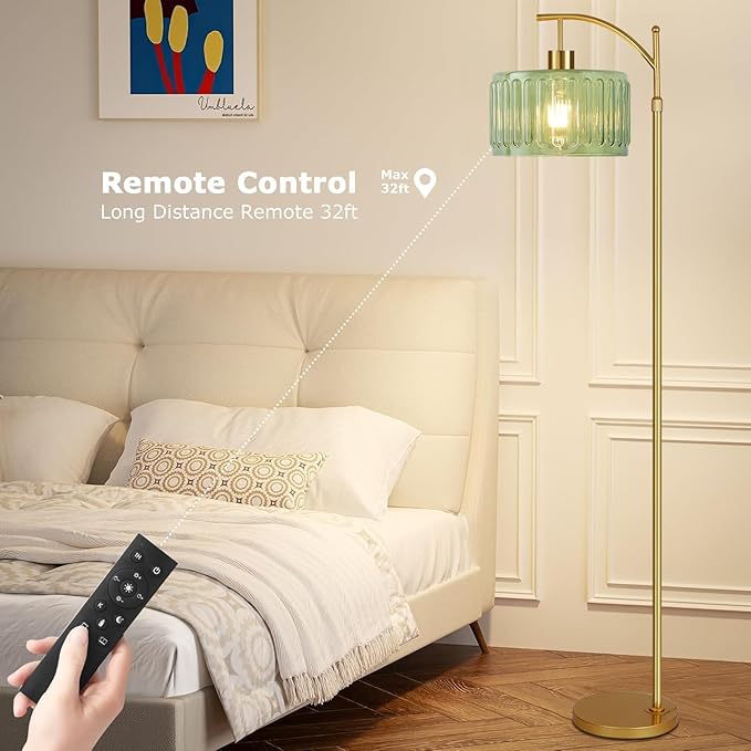 Floor Lamp for Living Room,Bedroom,Gold Dimmable Standing Lamp with Remote,Mid Century Modern Brass Tall Lamp Retro Vintage Glass Lamp Floor Light Boho Bohemian