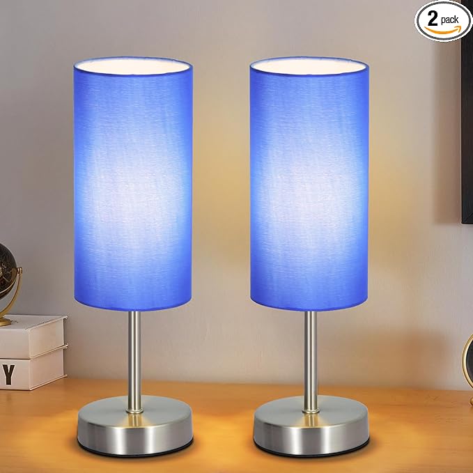 2 Pack Small Table Lamps for Bedroom, Bedside Lamps for Nightstand with Wire Switch, Minimalist Modern Desk Lamps with Linen Fabric Shade for Kids Room Living Room Office Dorm, Bulb Included