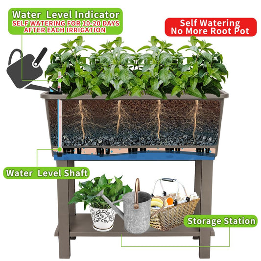 Megawodar 3 Pcs Self Watering Elevated Raised Garden Bed, Large Outdoor Plastic Planter Box Big Flower Plant Pot for Planting Flowers Vegetables and Herbs (3, Khaki)