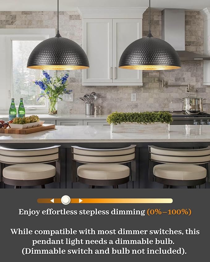 16 inch Black and Gold Pendant Light 1 Pack, Hammered Large Industrial Pendant Lights Kitchen Island, Black Dome Pendant Light for Kitchen Island, Dining Room, Bar