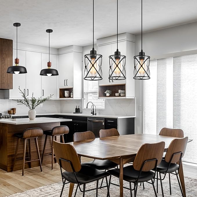 3 Lights Industrial Pendant Light with Glass Shade Matte Black Pendant Lighting Adjustable Industrial Retro Style Hanging Light,Kitchen Island Farmhouse Pendant Lights Fixtures for Kitchen,Farmhouse