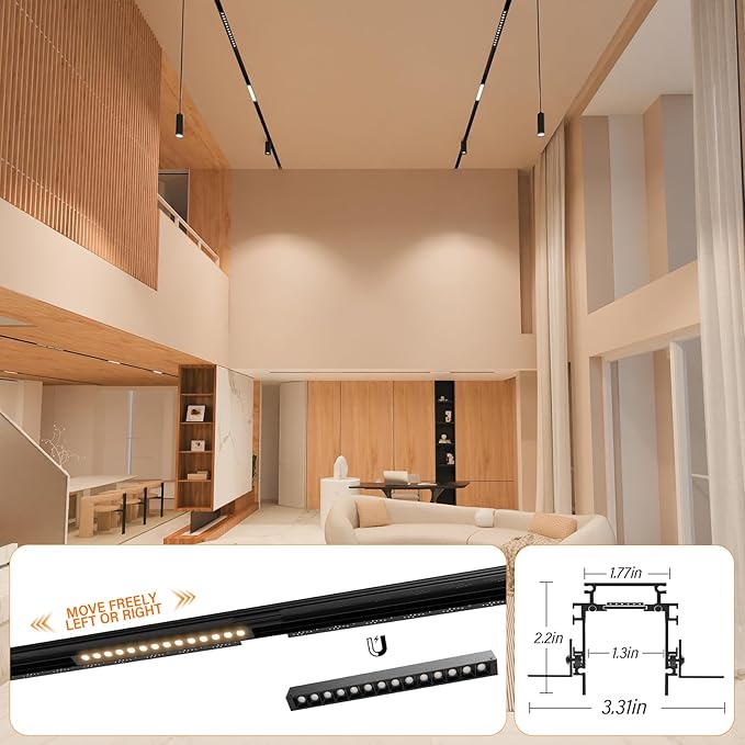 Track Lighting Rail Kit, 2PCS Magnetic Track Lighting Rail, 2PCS 15W Grille Spotlight Magnetic Track Head, 1PCS 200W Low Voltage LED Power Driver, Complete Track Lighting kit for Living Room, Kitchen