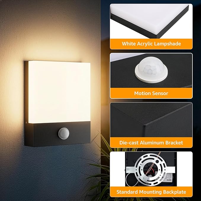 Aoceeley Modern Outdoor Led Wall Light with Motion Sensor,24W 3000K Porch & Patio Light,Exterior Hardwired Wall Light Fixtures,IP65 Waterproof Square Wall Lamp for Garage, Front Door(Black,1-Pack)