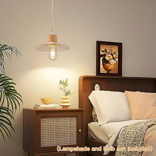 15ft Wood Pendant Light Cord Kit with Shade Ring and ON Off Switch, Hanging Lamp Kit Plug in Cord for Farmhouse, Vintage Swag Light Bulb Cord DIY Twisted Nylon Rope for E26 E27 Socket