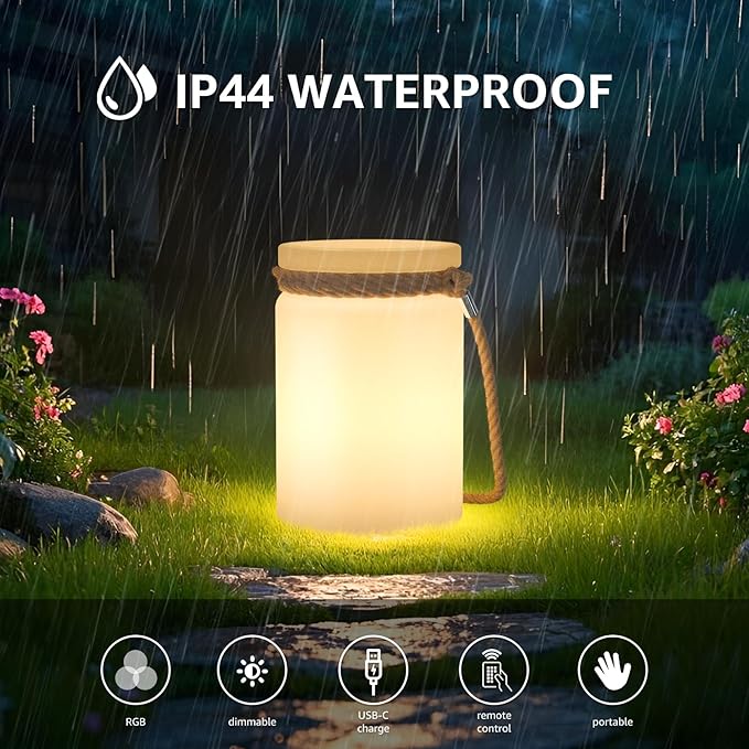 uuffoo LED Lantern Cordless Table Lamp IP44 Shower Safe with Remote, 8-10H Battery Life RGB Warm White Dimmable for Indoor Outdoor Patio Camping Home