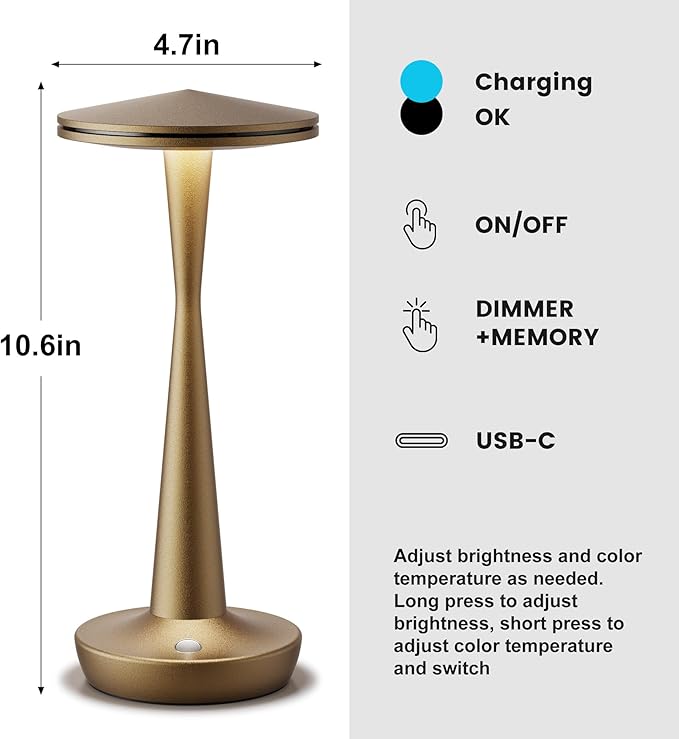 SAKRINGT Rechargeable Cordless Table Lamp, 72Hrs Battery Operated LED Table Light, Portable Touch Dimmable Lamp for Restaurant Patio Dining Outdoor Camping