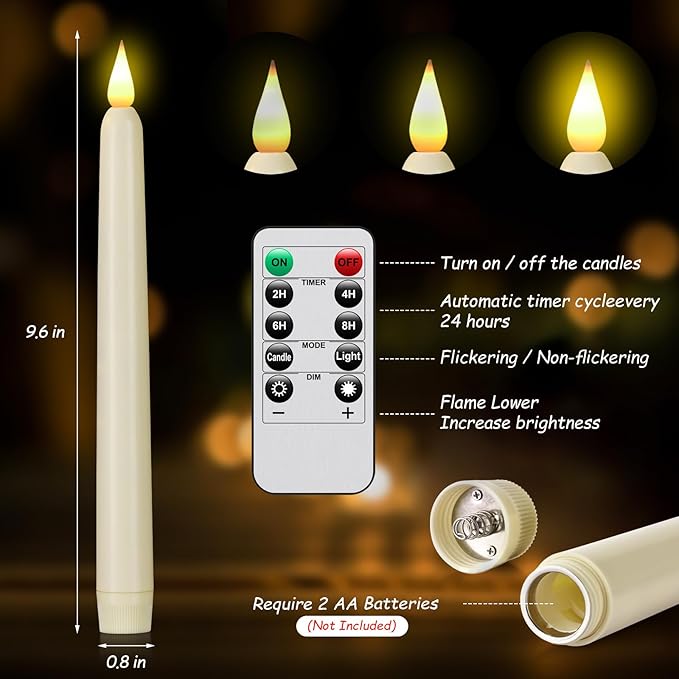 Flameless Taper Candles with Remote Control and Timer, Battery Operated LED Candlesticks with Flickering 3D Flame, 9.6×0.8 Inches Plastic Fake Candles for Christmas, Wedding and Home Decor (Ivory, 12)