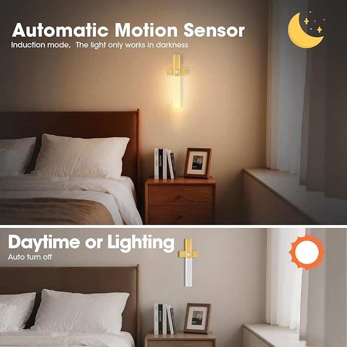LAVAED Motion Sensor Lights Indoor,LED Rechargeable Battery Operated Wall Sconce Magnetic Stairway Night Light Wireless Portable Decor Lighting for Bedroom, Hallway, Picture,3000K Strip Base 2Pack