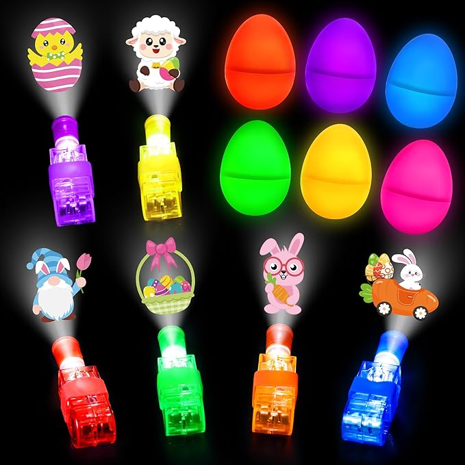 24 Prefilled Easter Eggs with Finger Lights Egg Fillers, Easter Basket Stuffers Gifts for Toddler Kids Teens Plastic Glow In The Dark Easter Eggs Filled Toys for Kids Boys Girls Party Favors Egg Hunt