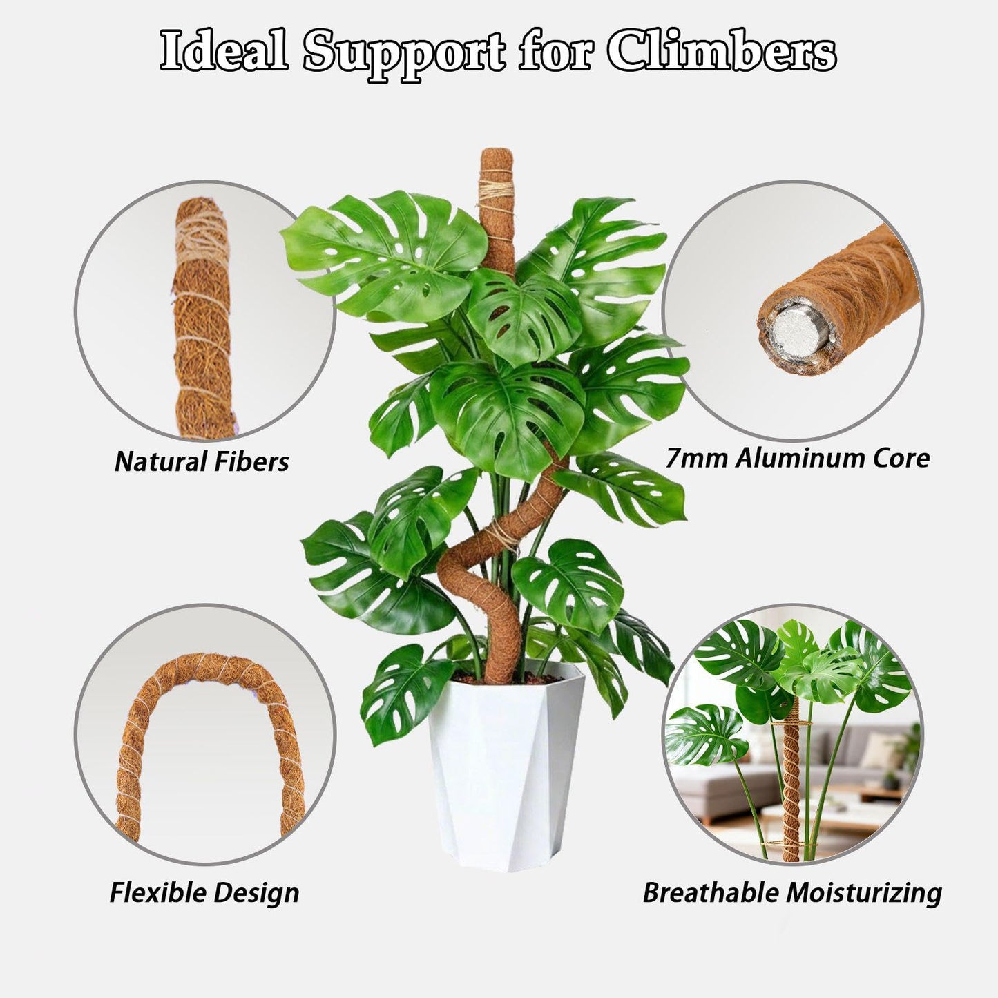 Eralivmart 2 Pack 48 Inch Monstera Plant Support Bendable Moss Pole for Climbing Indoor Plants 7mm Strong Aluminum Core Support Stakes Tall Plant Stake Kit for Potted Plants Pothos Philodendron