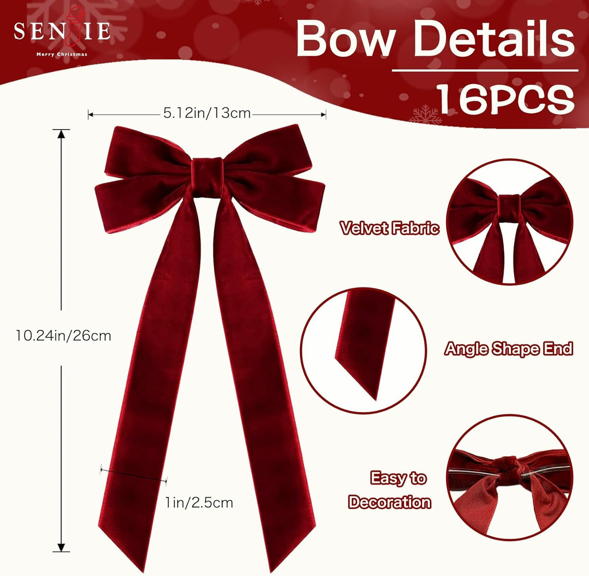 Velvet Ribbon Bows by 16Pcs - Vintage Rustic Craft Ornaments for Christmas Tree & Gift Wrapping | Burgundy, 5” x 10”
