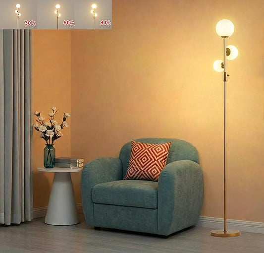 Fiqevs Dimmable 3 Globe Floor Lamp - Mid Century Modern Gold Standing Lamp with Frosted Glass Shade & LED Bulbs for Living Room, Bedroom, Office