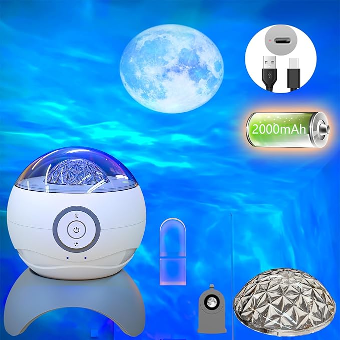 Colorful Life Valentine's Day Exclusive Aurora Galaxy Projector, Romantic Ocean Wave & Moon Lamp, 3 Covers, USB- Rechargeable, Bedroom Decor & Valentine's Gift for Her