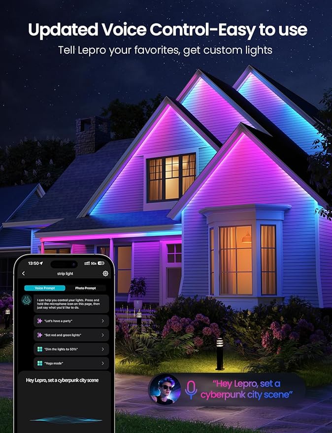 Lepro SW1 AI Smart Outdoor LED Strip Lights - 49.2ft IP65 Waterproof RGBCW Light Strips, 2700K-5700K Tunable Warm White, APP Control(No Remote), 2.4G Wi-Fi Lights for Holiday Decor, House, Porch, Eave