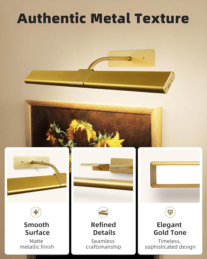 EZVALO Picture Light for Wall, 4800mAh Rechargeable Wireless Remote, 13in Dimmable Magnetic LED Art Display Light with 3 Color Temperatures, for Gallery, Living Room, Bedroom, Hallway (Gold)
