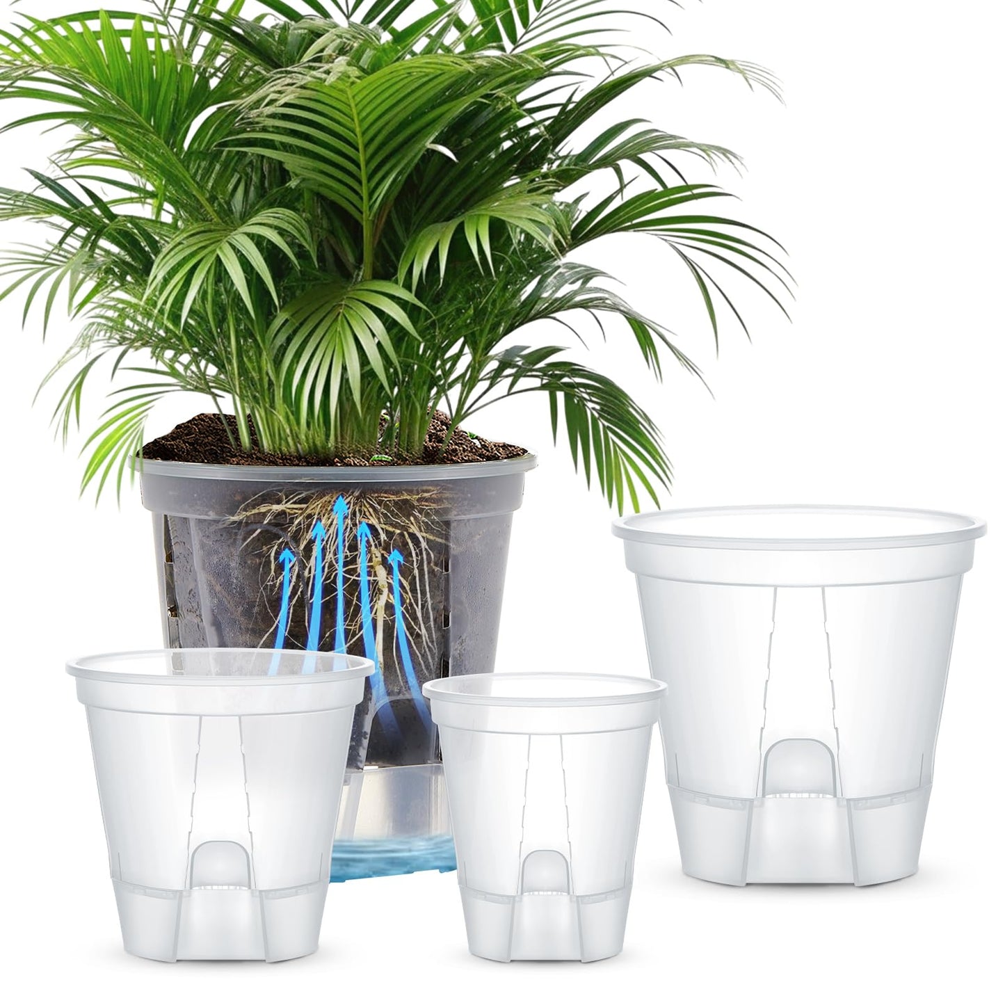 Wonderjune Self Watering Pots for Indoor Plants with Deep Reservoir and High Drainage Holes for Outdoor Plants and Flowers, Bare Root Planter(4.72''/5.91''/7.09''/8.27'',Clear,4 Pcs)
