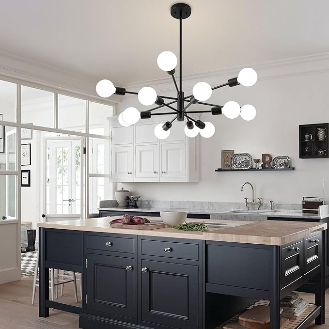 Sputnik Chandelier, Black Modern Chandeliers, Mid Century Ceiling Lighting Fixture for Living Room, Kitchen, Bedroom, Dining Room, Farmhouse (12-Light)
