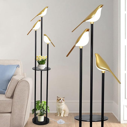 Black and Gold Floor Lamp, Bird Floor Lamp with Shelves, Modern floor Lamps for Living Room, 3-Light Corner Standing Lamp, LED Stand Up Lamp, Tall Lamp for Bedroom, Office, Cute Lighting Decor