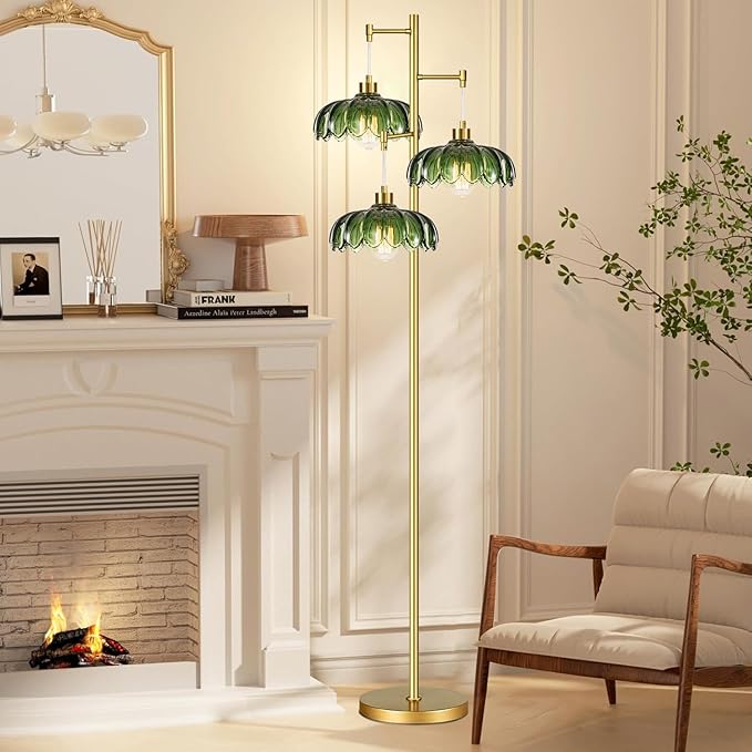 Gold Floor Lamps for Living Room Bedroom-3 Light Glass Floor Lamp with Three Led Bulb,Mid Century Standing Lamp Vintage Brass Tall Lamp Tree Floor Lamp for Bedroom Corner