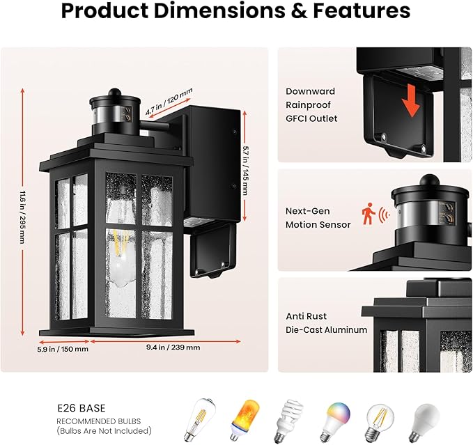 Gleamz Motion Sensor Outdoor Porch Light with GFCI Outlet, Modern Black Exterior Lighting Fixtures Wall Mount for House, Anti-Rust Waterproof Dusk to Dawn Outdoor Wall Sconce Lantern for Garage, Coach
