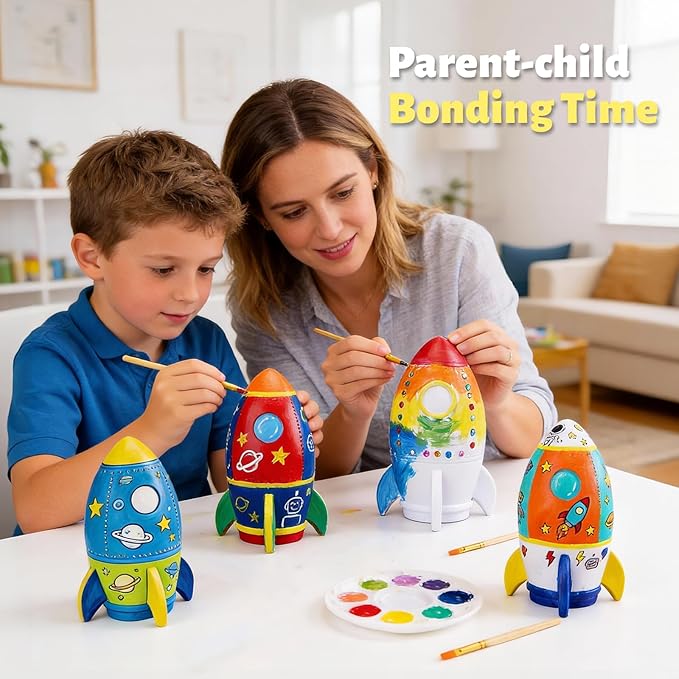 Paint Your Own Rocket Lamp - Art & Crafts Painting Kits for Kids, DIY Night Light, Creative Art Supplies School Activities, Birthday Easter Christmas Holiday Gift for Girls Boys Ages 4 5 6 7 8+