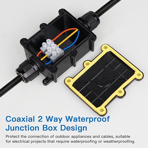 Helunsi 2 Pieces Waterproof IP68 External Junction Box, 2 Way Outdoor Junction Box, Underground Plug Line Coaxial Cable Connector Wire Range 5 to 15mm Electrical Power Cord Weatherproof Boxes - Black