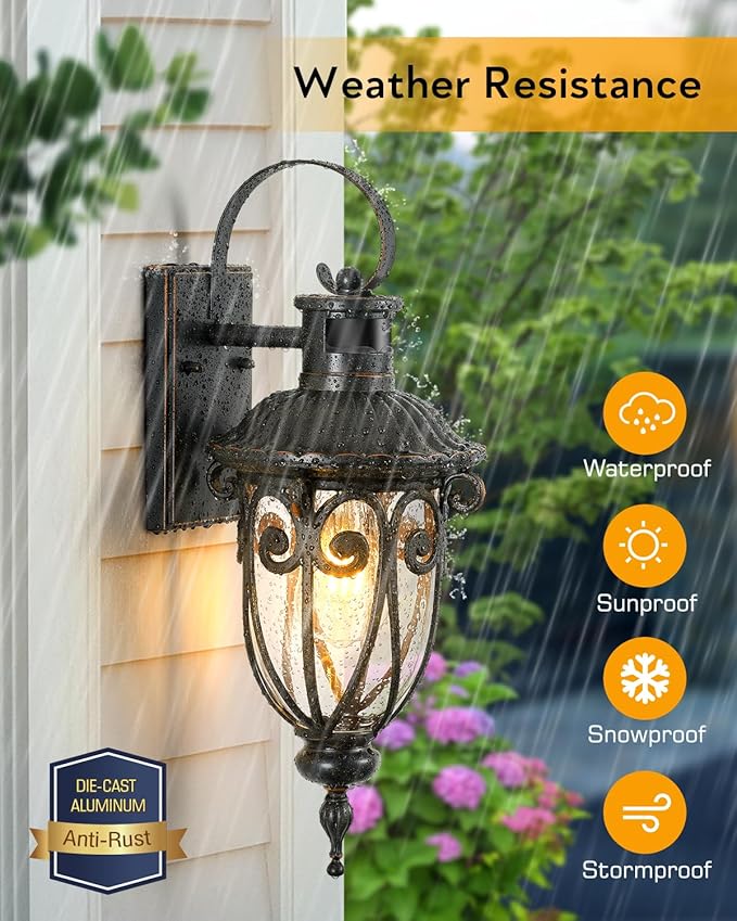 VIANIS Outdoor Motion Sensor Light, Dusk to Dawn Outdoor Light Fixtures, 2 Pack Outside Lights for House, Anti-Rust Bronze Outdoor Wall Lights for House, Garage, Entryway, Seed Glass, Vintage Style