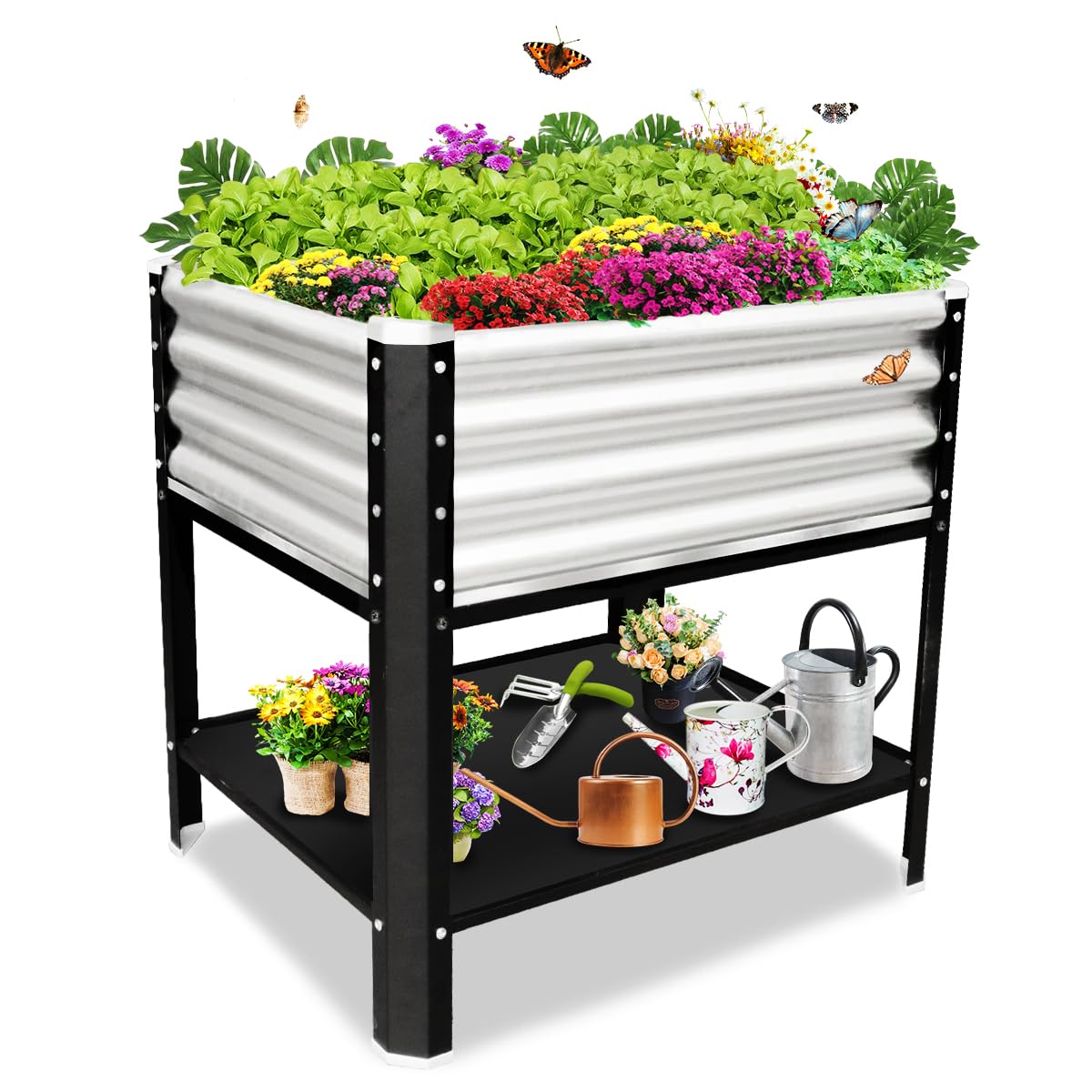 Megawodar Elevated Metal Raised Garden Bed, Large Outdoor Metal Planter Box Big Flower Plant Pot for Planting Flowers Vegetables and Herbs (Silver, Small)