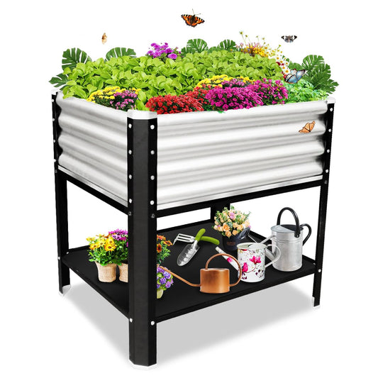 Megawodar Elevated Metal Raised Garden Bed, Large Outdoor Metal Planter Box Big Flower Plant Pot for Planting Flowers Vegetables and Herbs (Silver, Small)