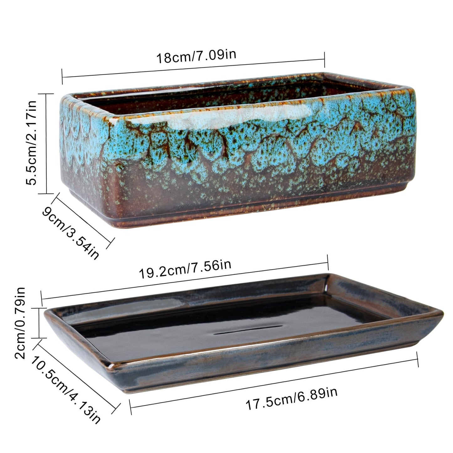 ARTKETTY Succulent Pots - Long Rectangle Succulent Planters with Drainage Tray, Window Sill Planter, Ceramic Pots for Indoor Cactus Plants Shallow Bonsai Window Box for Home Garden Decor