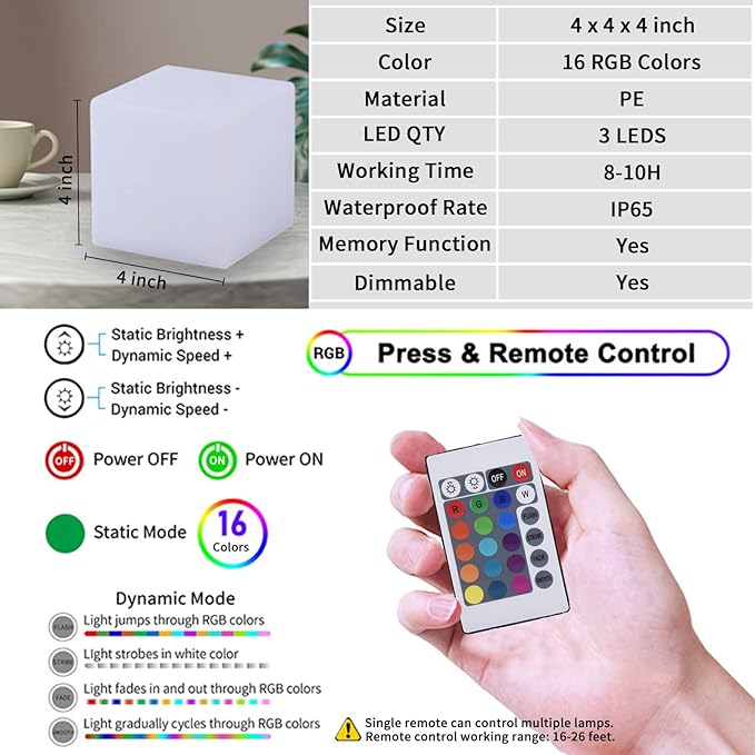 Borelor LED Cube Light, 4-Inch Rechargeable & Remote Control Mood Lamp, 16 Color Changing Glowing Night Light, Dimmable Decorative Lighting for Home/Party/Bar/Wedding