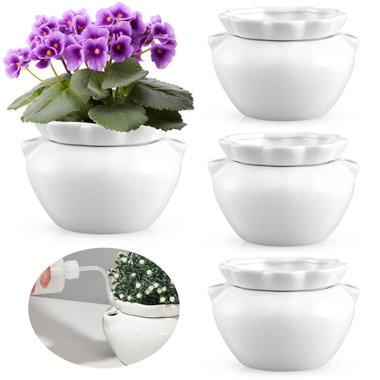 Sunnychicc 4 Set 6 Inches African Violet Pots Self Watering White Ceramic Pot for Indoor Plants, Flowerpot with Highly Absorbent Inner Pot for Busy Plant Lovers,Plant Care
