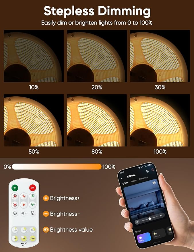 COB LED Strip Lights 2700K Warm White Music Sync LED Lights with DC24V Adapter Remote Smart App Control 16.4ft/5m CRI90+ Ultra Bright LED Rope Lights for Home Bedroom Cabinet DIY Lighting