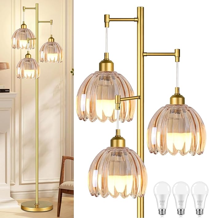 Gold Floor Lamps for Living Room Vintage Floor Lamp with Glass Lmapshape & Three Led Bulb,Glass Floor Lamps Brass Mid Century Modern Standing Lamp Tall Tree Flower Floor Lamp for Bedroom,Office,Corner