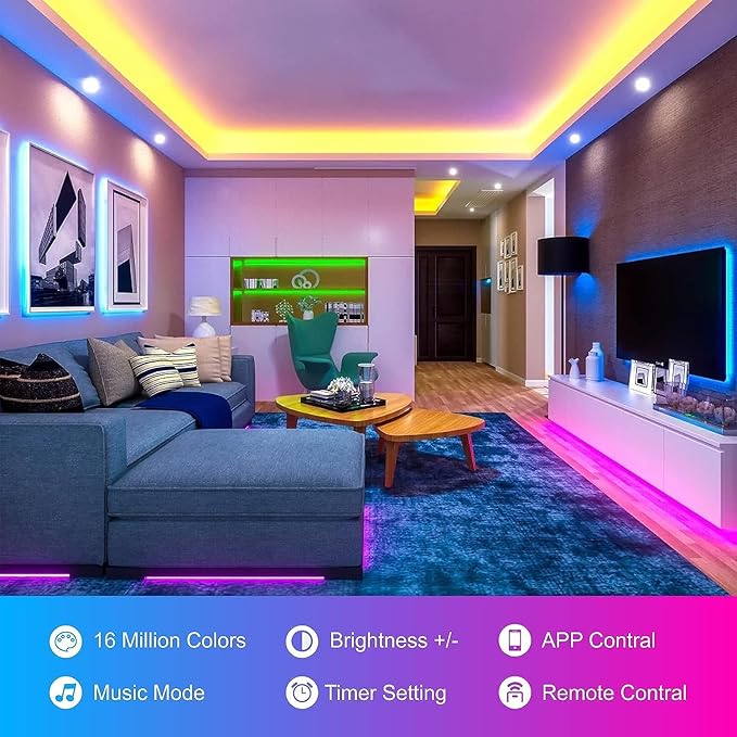 100ft Led Lights for Bedroom, Led Strip Lights Music Sync Corlor Changing, Led Light Strip with Remote & App Control RGB Strip, Led Lights for Room Dorm Home Classroom Ceiling Decor