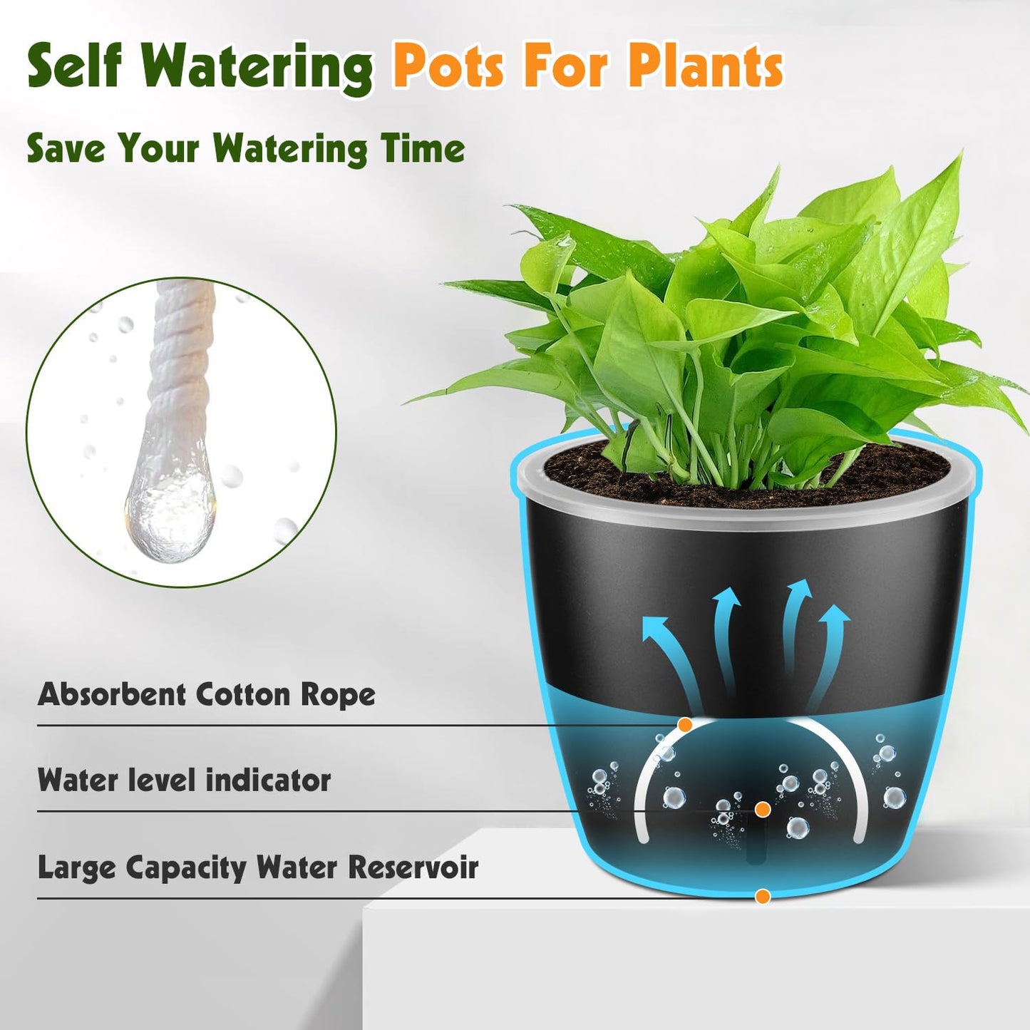 KvyusFlourish Self Watering Pots for Indoor Plants, 8-Pack 5'' Self Watering Planter with Drainage Holes, Small African Violet Pots with Water Level Indicator, Clear Wick Pot, White/Black