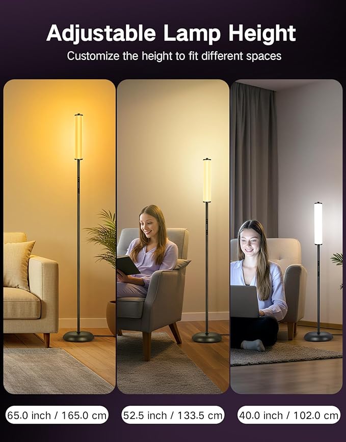OUTON Floor Lamp for Living Room, 66 in LED Corner Floor Lamp with Remote, App and Touch Slider Control, 2200K-6500K Stepless Dimmable RGB Standing Lamp with Timer, Memory and Music Sync, Black