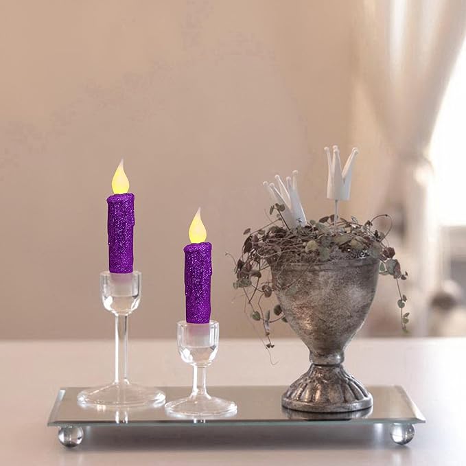 CVHOMEDECO. Glitter Flameless Candles Flickering Battery Operated LED Taper Candles with Timer for Home, Wedding, Halloween, Christmas Decor. Purple, 4-3/4 Inch, Set of 3