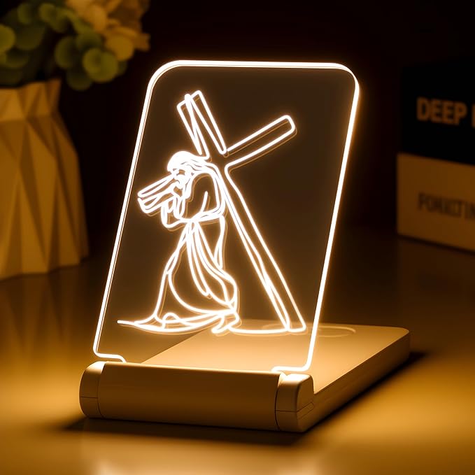 lacte & melle Jesus Carrying The Cross Night Light - Foldable Inspirational LED Lamp - Religious Encouragement Gift for Hard Times - Portable Christian Light for Recovery & Strength