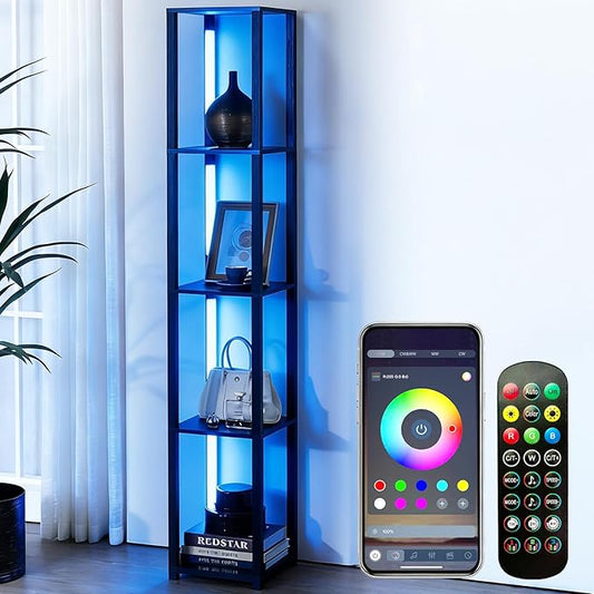 RGBCW Floor Lamp, LED Smart Modern Floor Lamp with Music Sync, Color Changing Corner Display Shelf Lamp, Square Standing Lamp with Shelves for Living Room and Bedroom, Office, Black