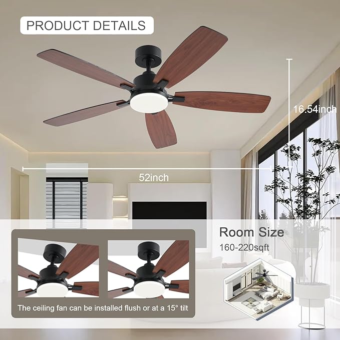 52inch Ceiling Fans with Lights, Low Profile Ceiling Fan with Light and Remote/App Control, 2 Downrods, DC Reversible Motor, Noiseless, Dimmable Brown Ceiling Fan for Bedroom Livingroom