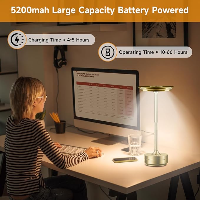Cordless Rechargeable Table Lamps, Portable Led Ecolume Dining Table Light with Touch Control & 3 Color Dimmable, 5200mAh Battery Powered Vueeze Table Lamp for Outdoor Patio Dinner Restaurant (Gold)