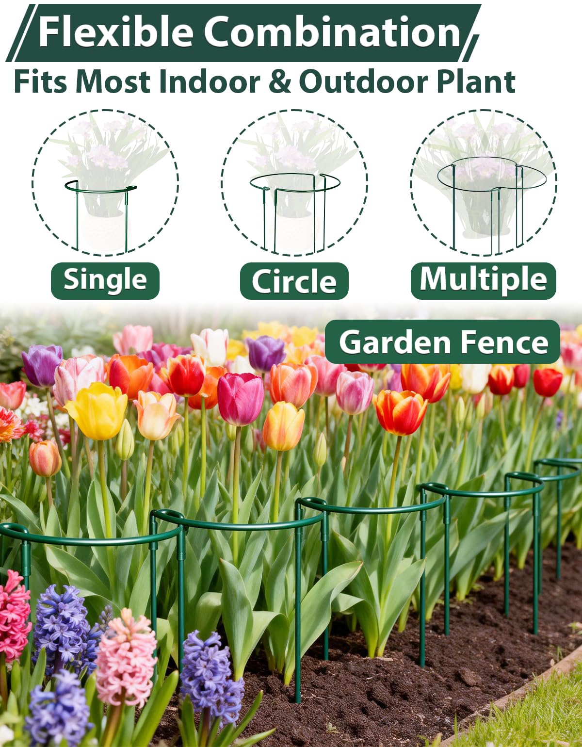 6 Pack Plant Support Stakes, Half Round Metal Peony Cages and Support, 10" W x 16" H Metal Sturdy Garden Plant Support Ring Cage for Potted Plant,Snake,Hydrangea,Monstera,Rose Bush