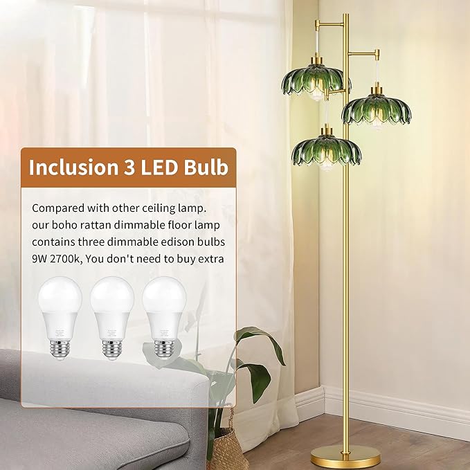 Glass Gold Floor Lamp for Living Room,Bedroom,Mid Century Modern Standing Lamp Brass Tree 3 Light Tall Floor Lamps Vintage Retro Floor Lights Green Flower Lamp Shade Farmhouse Boho Bohemian
