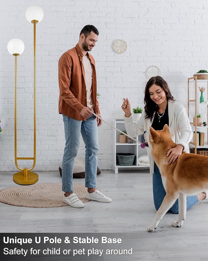 63IN Dimmable Floor Lamp with Shelf, Unique Globe Gold Tall Standing Lamps with 2 Bulbs, 3000K Warmwhite Mid Century Modern Floor Lamp for Living Room/Bedroom