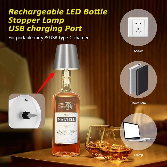 2025 New Wireless Bottle Lamp - LED Bottle Lights for Liquor & Wine Bottles, Cordless Lampshade, Whiskey Bottle Top Light, Bottle Stopper Night Light Kit, Rechargeable RGB Remote & Touch-Dimmable